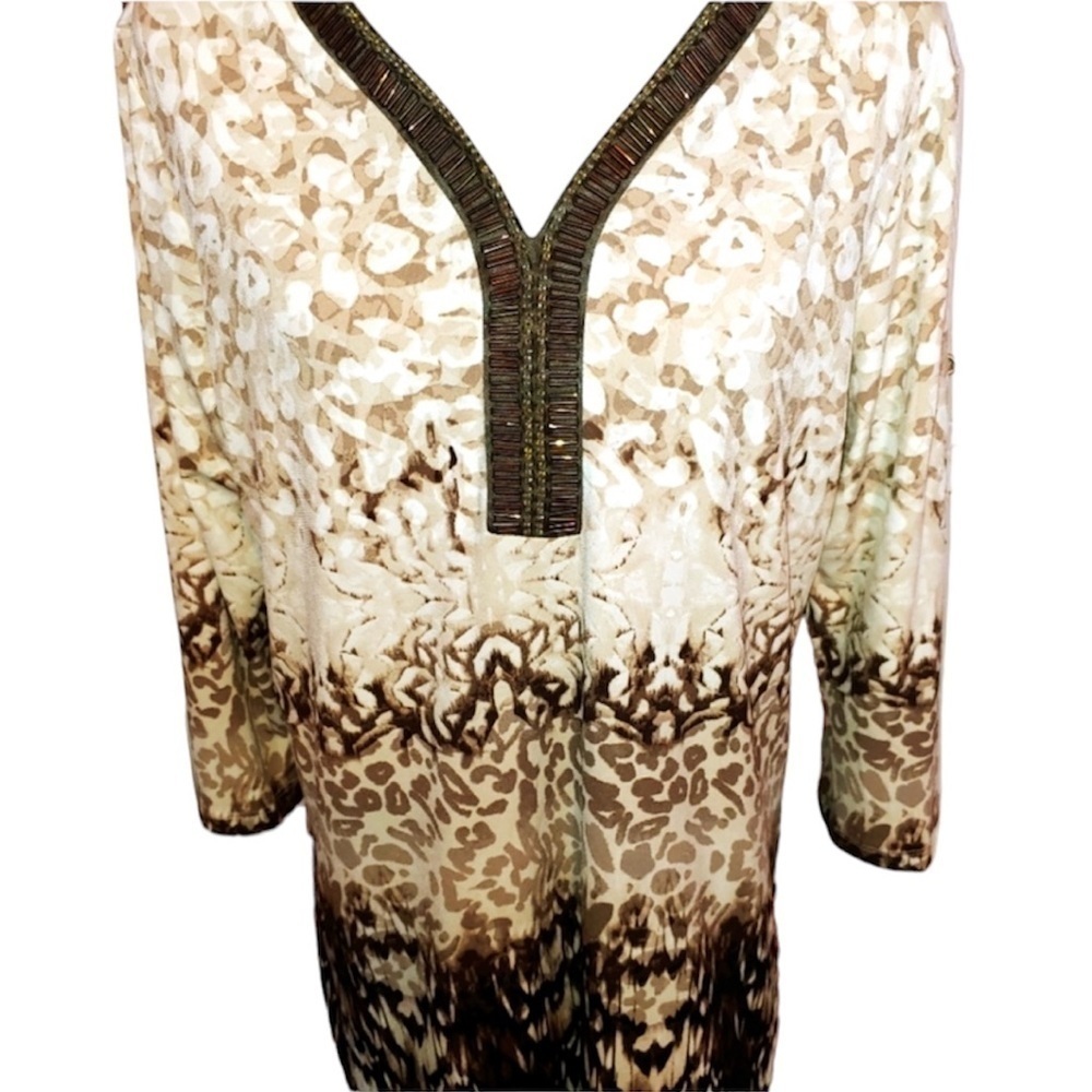 Beaded Brown Tan Tunic L